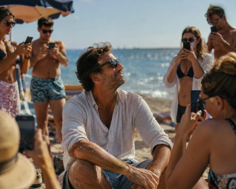Uomo felice guarda il mare senza smartphone mentre le persone intorno a lui usano il cellulare in spiaggia
